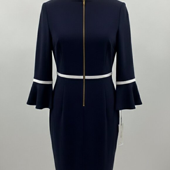 NWT Calvin Klein Navy & White Color Block Bell Sleeve Dress Size 6 - Picture 2 of 5